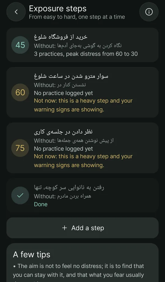 The exposure steps screen: four steps rated 45, 60 and 75 for distress and one done; the 45 step with three practices where the peak distress came down from 60 to 30, and the 60 and 75 steps set aside while the warning signs show