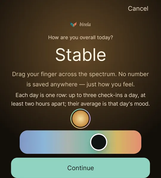 Bivela's check-in screen: a mood spectrum you choose from by dragging your finger