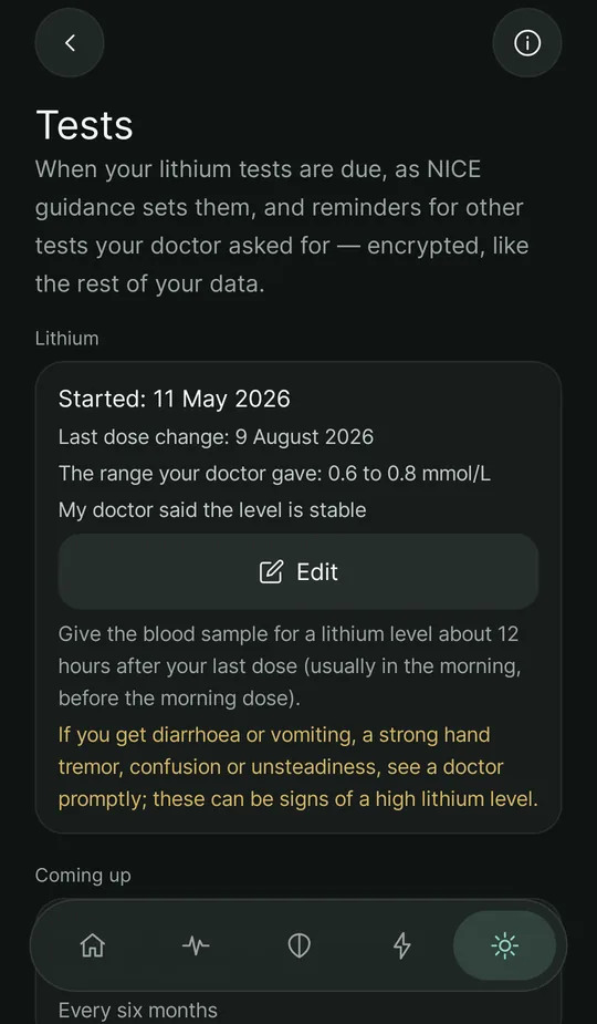The tests screen: a lithium course with its start date, the range the doctor gave, advice on the blood sample and the signs of a high lithium level