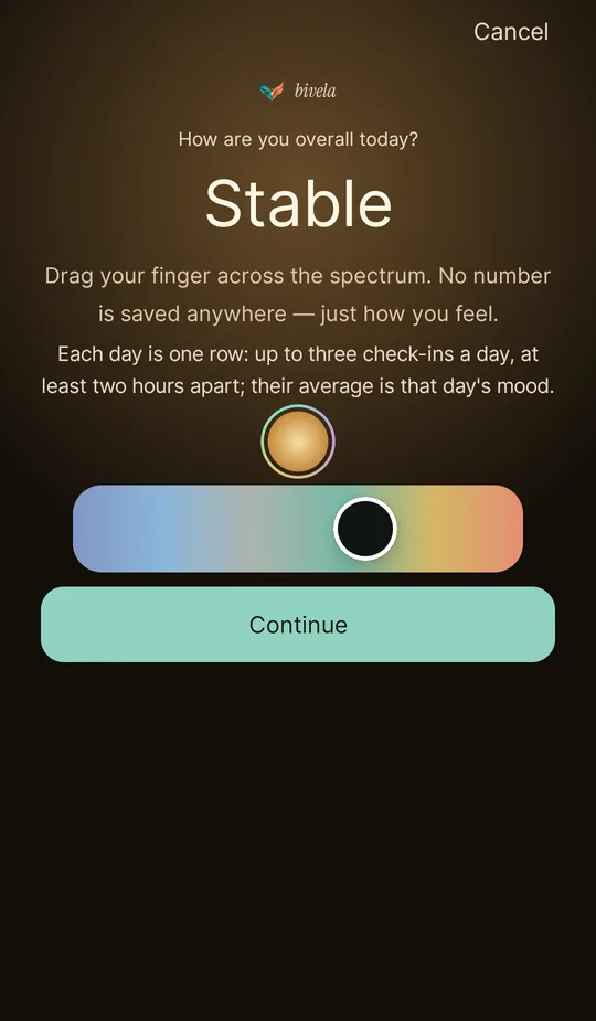 The check-in screen: a mood spectrum you choose from by dragging your finger