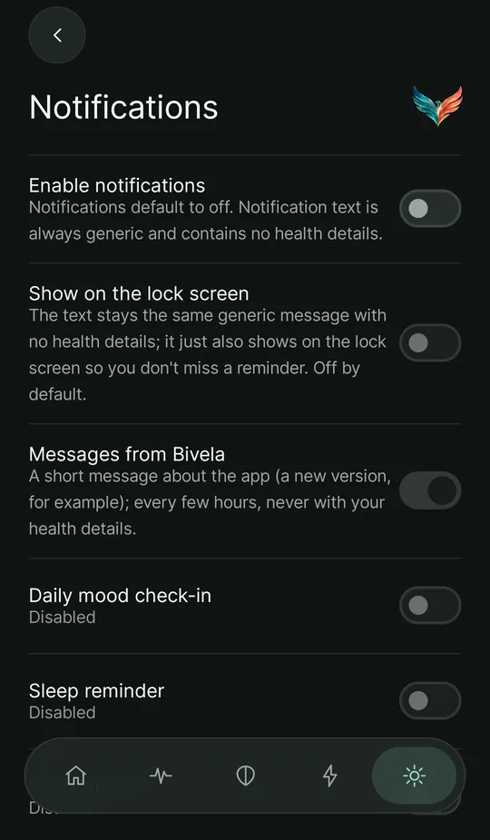 The notifications screen: the main switch, showing on the lock screen, messages from Bivela, the daily check-in and the sleep reminder