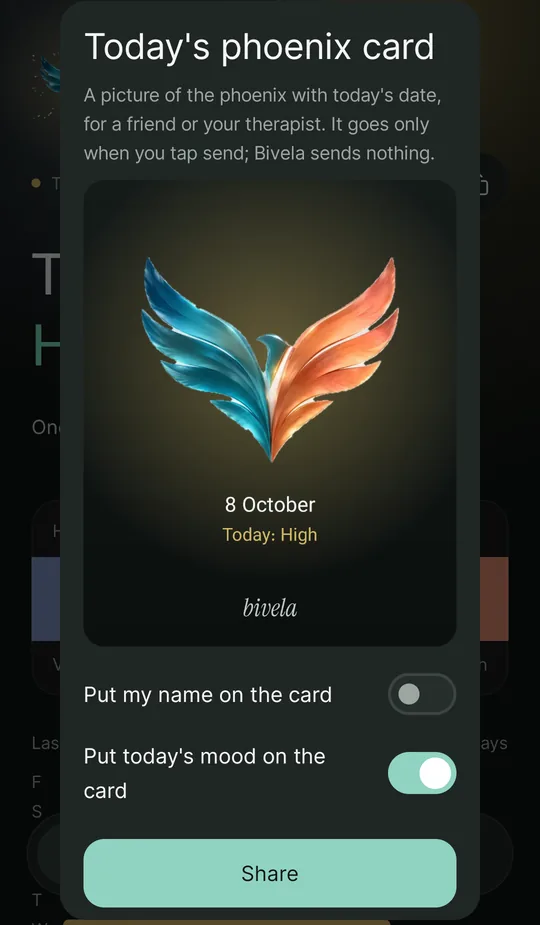 Today's phoenix card: the phoenix with a glow in the colour of today's mood and the date, two switches to put your name and today's mood on it, and a share button