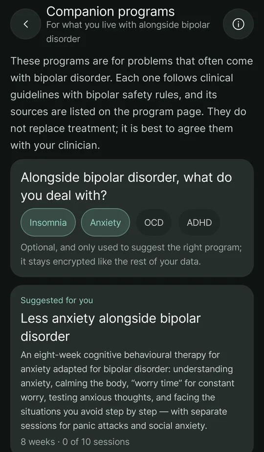 The companion programs screen: choosing what comes alongside bipolar disorder (insomnia and anxiety chosen) and the suggested card of the program “Less anxiety alongside bipolar disorder”