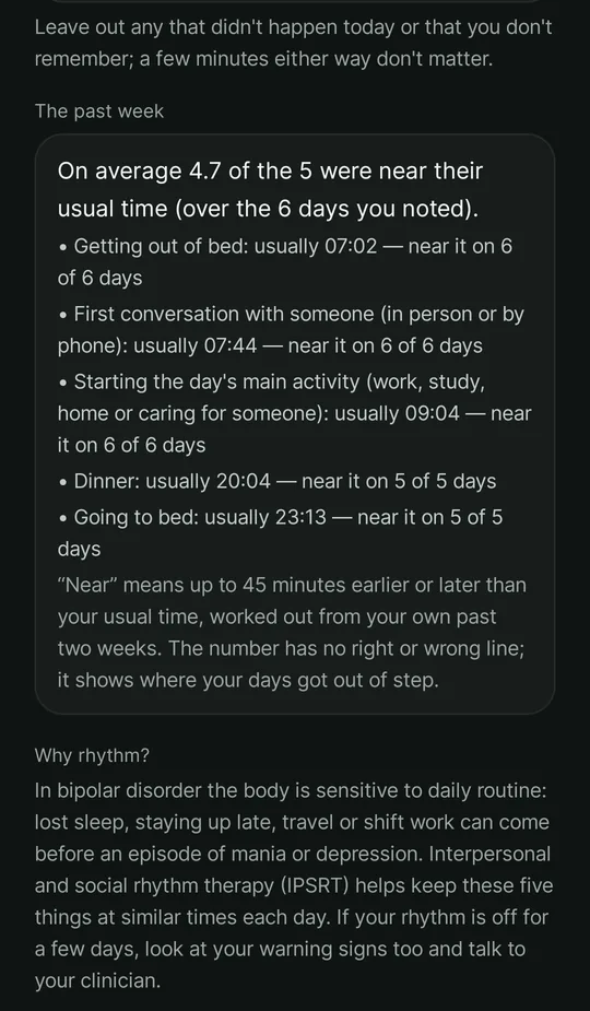 The daily rhythm screen: five fixed things of the day — getting up, the first conversation, the day's main activity, dinner and going to bed — and for the past week, each one's usual time and on how many days it was near it