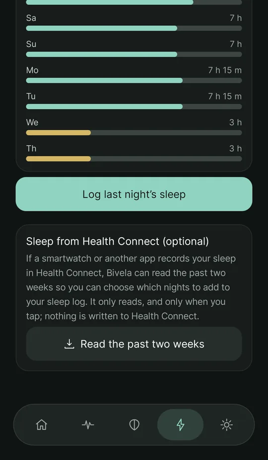 The sleep screen with the card “Sleep from Health Connect (optional)” and a button to read the past two weeks