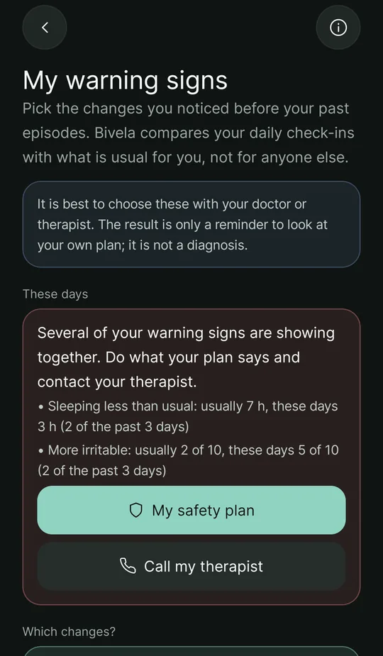 My warning signs: an explanation, and a card saying several signs are showing together — less sleep and more irritability than usual — with buttons for the safety plan and calling the therapist