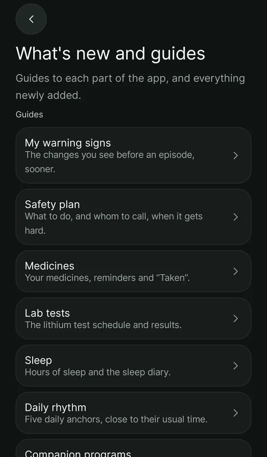 The “What's new and guides” screen: the list of guides — my warning signs, safety plan, medicines, lab tests, sleep and daily rhythm