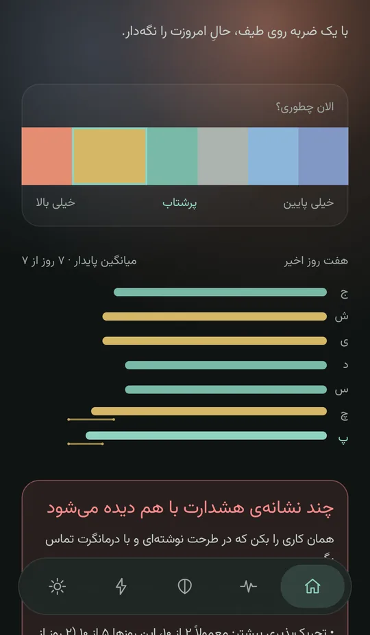 صفحهی خانه: طیف «الان چطوری؟» و «هفت روز اخیر» — هفت روز واقعی تقویم با حرف هر روز، میانگین هفته و خط بالا و پایینِ روزهایی که چند ثبت داشتهاند