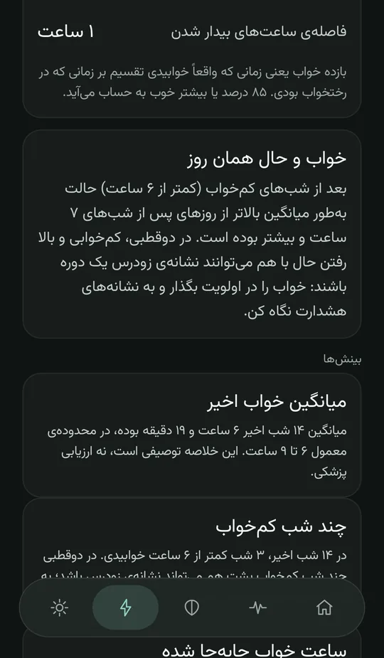 صفحه‌ی بینش خواب: کارت «خواب و حال همان روز» که می‌گوید بعد از شب‌های کم‌خواب حال بالاتر بوده و این در دوقطبی می‌تواند نشانه‌ی زودرس باشد، و بینش‌های میانگین ۱۴ شب اخیر و چند شب کم‌خواب